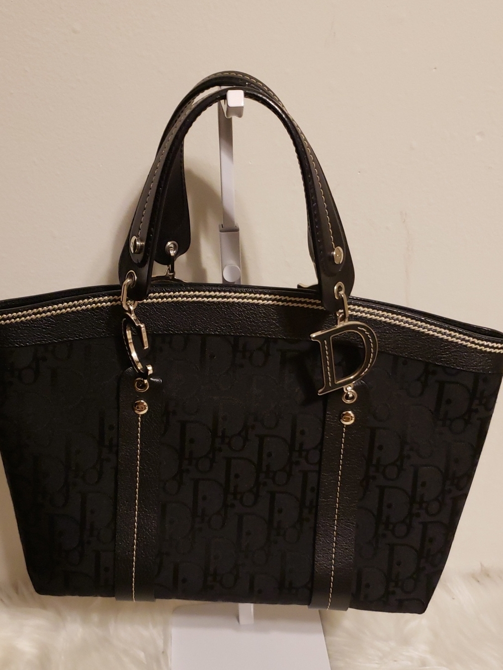 Dior Black Logo-Print Tote with Gold 'D' Charm